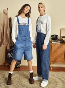 Manfinity RebelGame 男士棉1入組補丁貼口袋紐扣細節牛仔背帶褲 - 中等水洗藍 - 查看 4