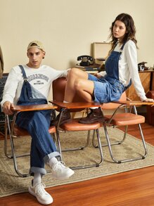 Manfinity RebelGame 男士棉1入組補丁貼口袋紐扣細節牛仔背帶褲 - 中等水洗藍 - 查看 5