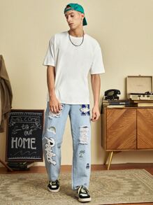 Manfinity VCAY Men Cotton Patch Detail Ripped Straight Leg Jeans - Light Wash - View 4