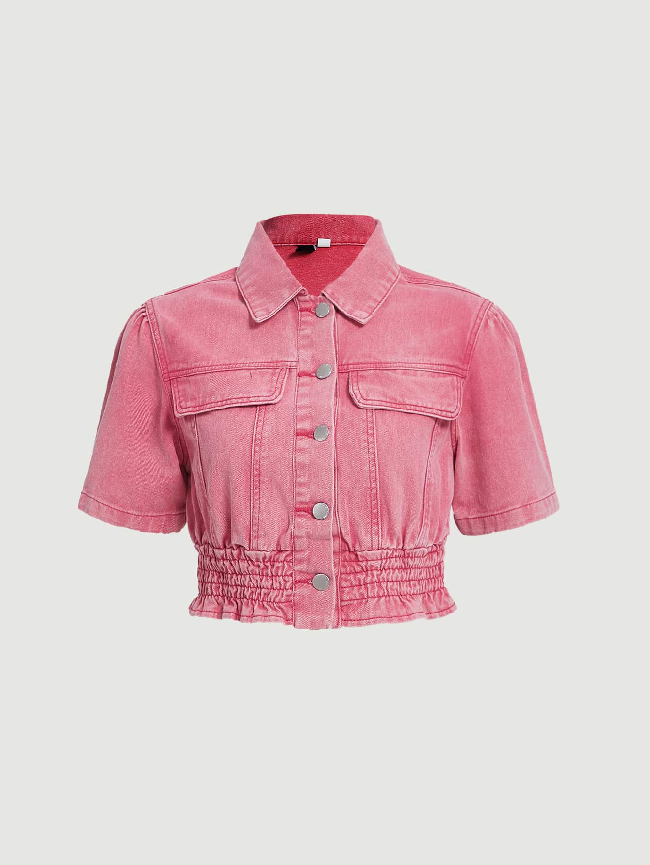 SHEIN MOD Puff Sleeve Shirred Denim Jacket - Pink - View 1
