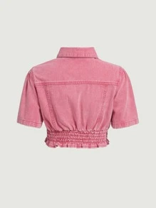 SHEIN MOD Puff Sleeve Shirred Denim Jacket - Pink - View 2