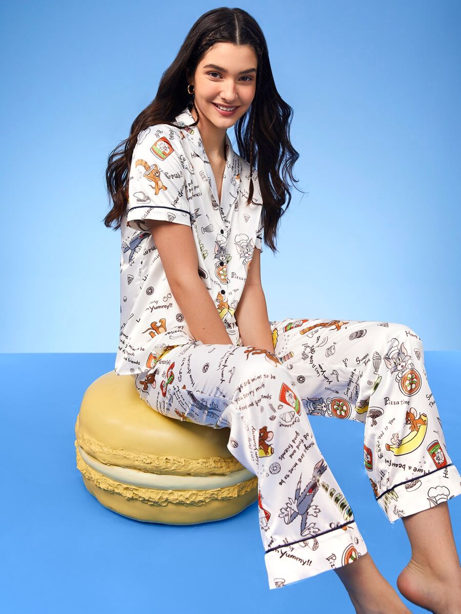 TOM & JERRY X SHEIN Cartoon & Slogan Graphic PJ Set - White - View 1