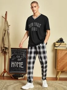 SWAVVY 1pc Loose Fit Drop Shoulder T-Shirt With Letter Graphic And Contrast Trim - Black - View 3