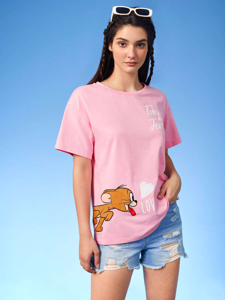 TOM & JERRY X SHEIN Cartoon Graphic Drop Shoulder Tee - Baby Pink - View 1