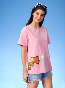 TOM & JERRY X SHEIN Cartoon Graphic Drop Shoulder Tee - Baby Pink - View 5