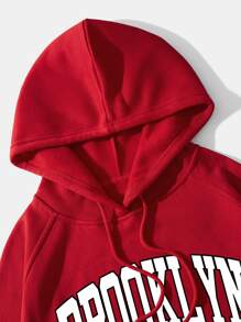 Men Letter Graphic Thermal Drawstring Hoodie - Red - View 3