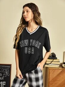 SWAVVY 1pc Loose Fit Drop Shoulder T-Shirt With Letter Graphic And Contrast Trim - Black - View 5