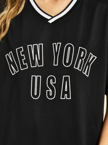 SWAVVY 1pc Loose Fit Drop Shoulder T-Shirt With Letter Graphic And Contrast Trim - Black - View 7