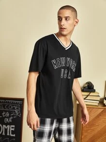 SWAVVY 1pc Loose Fit Drop Shoulder T-Shirt With Letter Graphic And Contrast Trim - Black - View 8