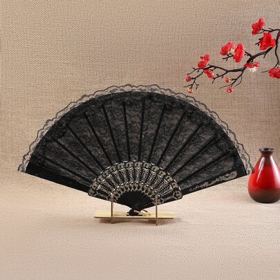 Zazumi Double Layer Lace Trim Princess Fan, Modern Folding Hand Fan, Suitable For Home Use