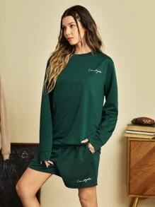 Manfinity RebelGame 1pc Letter Graphic Drop Shoulder Pullover & 1pc Shorts - Dark Green - View 3