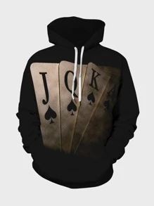 Manfinity LEGND Men Playing Card & Letter Graphic Drawstring Hoodie - Black - View 1
