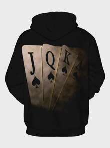 Manfinity LEGND Men Playing Card & Letter Graphic Drawstring Hoodie - Black - View 2
