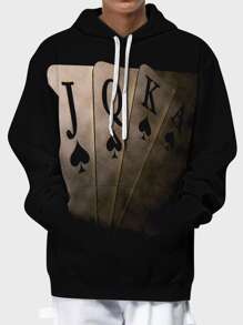 Manfinity LEGND Men Playing Card & Letter Graphic Drawstring Hoodie - Black - View 4