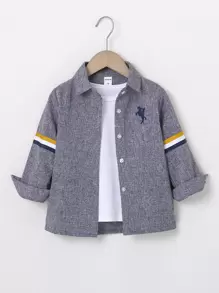 SHEIN 年輕男孩馬繡花對比條紋膠帶衫