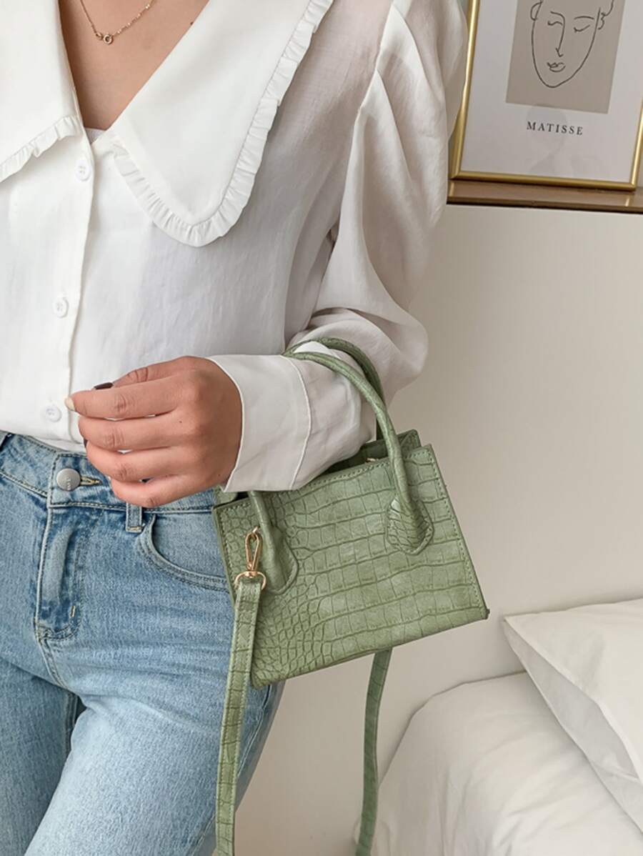 Bolsa con asa de cocodrilo en relieve - Verde - Ver 1