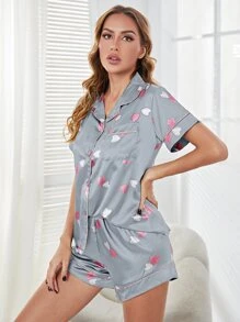愛心圖案前紐扣上衣和短褲緞面睡衣套裝 - 淺灰色 - 查看 3