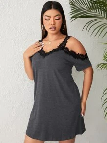 Mulvari Plus Guipure Lace Trim Cold Shoulder Tee - Dark Grey - View 1