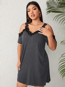 Mulvari Plus Guipure Lace Trim Cold Shoulder Tee - Dark Grey - View 3