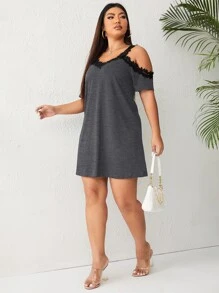 Mulvari Plus Guipure Lace Trim Cold Shoulder Tee - Dark Grey - View 5