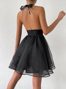 Vestido halter unicolor floral estéreo de malla en contraste bajo - Negro - Ver 2