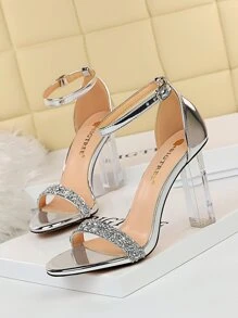 Sandalias con diseño de diamante de imitación con tira tobillera grueso - Plateado - Ver 1