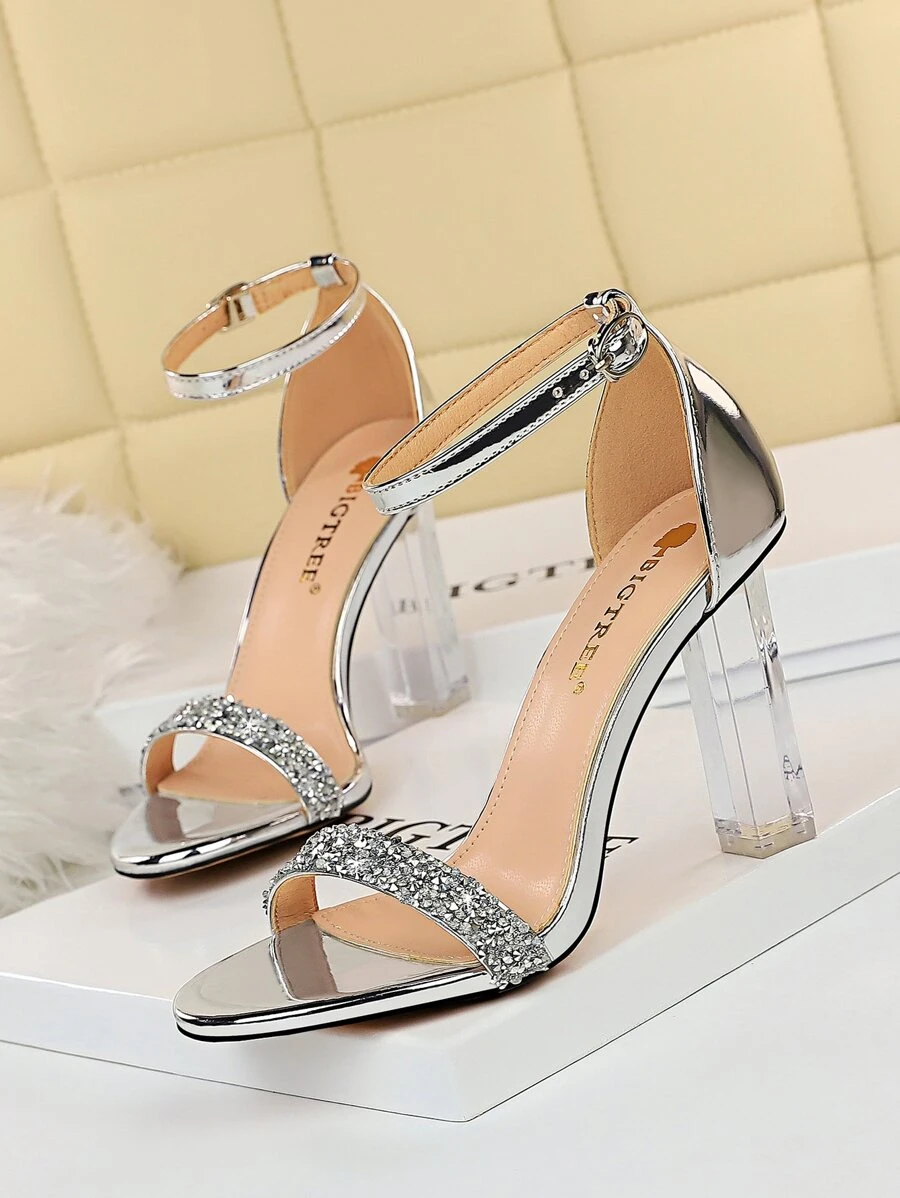 Sandalias con diseño de diamante de imitación con tira tobillera grueso - Plateado - Ver 1