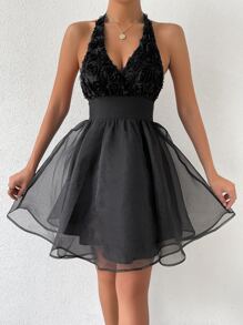 Vestido halter unicolor floral estéreo de malla en contraste bajo - Negro - Ver 5