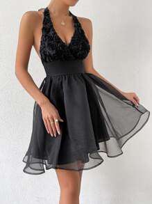 Vestido halter unicolor floral estéreo de malla en contraste bajo - Negro - Ver 6