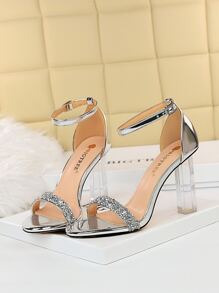 Sandalias con diseño de diamante de imitación con tira tobillera grueso - Plateado - Ver 5