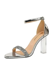 Sandalias con diseño de diamante de imitación con tira tobillera grueso - Plateado - Ver 7