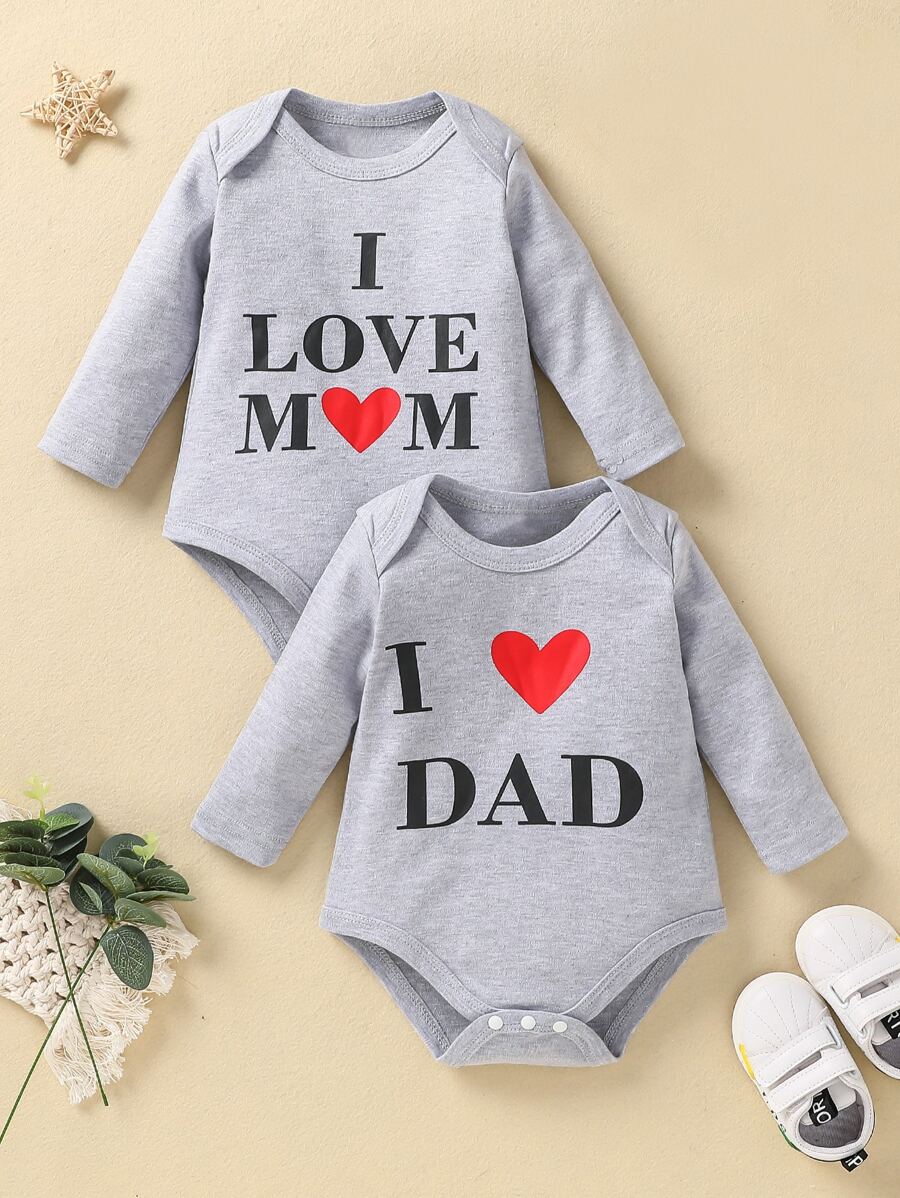 Baby Girl 2pcs Heart And Slogan Graphic Tee Bodysuit - Grey - View 1