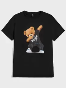 Manfinity VCAY Hombres Camiseta con estampado de oso de cuello redondo - Negro - Ver 1