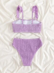 Chất rắn Bộ Bikini Đập Lá sen tỉa Bras & Eo cao Đáy 2 mảnh Bộ đồ tắm - Màu tím - Xem 2