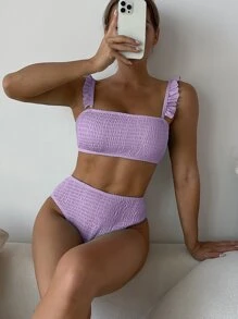 Chất rắn Bộ Bikini Đập Lá sen tỉa Bras & Eo cao Đáy 2 mảnh Bộ đồ tắm - Màu tím - Xem 3