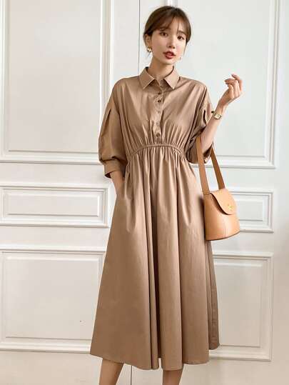DAZY 無地柄 ハーフボタン ビショップスリーブ シャツドレスの画像