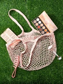 Reusable To-Go Market Filt French Net Mesh Travel Beach Bag—Natural - Pink - View 1