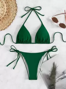 SHEIN Swim 夏日沙灘三角領綁帶式比基尼 - 綠色 - 查看 1