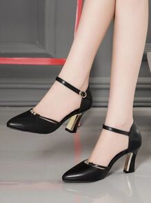 Pointed Toe High Heel Shoes, Thick Heels Women's Hollow-Out Single-Strap Rhinestone Buckle Sandals,Elegant,Women Pumps,Party Outfits - Black - View 3