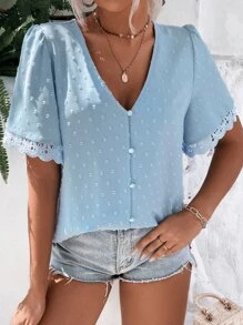 Blusa de lunares con encaje en contraste - Celeste - Ver 4