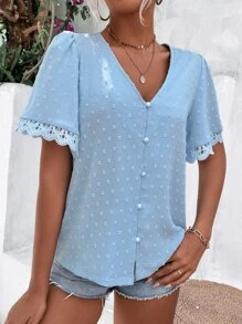 Blusa de lunares con encaje en contraste - Celeste - Ver 6