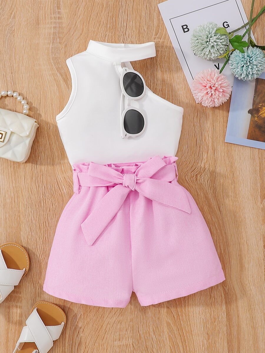 SHEIN Young Girl Asymmetrical Neck Tank Top & Paperbag Waist Belted Shorts Summer Holiday - Multicolor - View 1