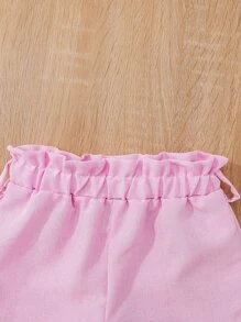 SHEIN Young Girl Asymmetrical Neck Tank Top & Paperbag Waist Belted Shorts Summer Holiday - Multicolor - View 4