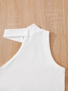 SHEIN Young Girl Asymmetrical Neck Tank Top & Paperbag Waist Belted Shorts Summer Holiday - Multicolor - View 6