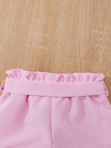 SHEIN Young Girl Asymmetrical Neck Tank Top & Paperbag Waist Belted Shorts Summer Holiday - Multicolor - View 7