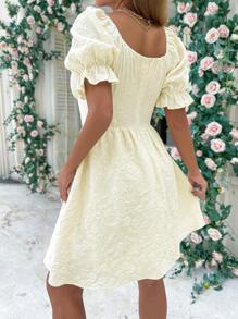 Vestido línea A de manga farol con nudo delantero pecho con fruncido - Albaricoque - Ver 2