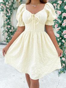 Vestido línea A de manga farol con nudo delantero pecho con fruncido - Albaricoque - Ver 3