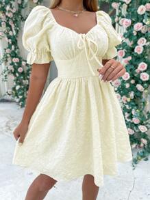 Vestido línea A de manga farol con nudo delantero pecho con fruncido - Albaricoque - Ver 5