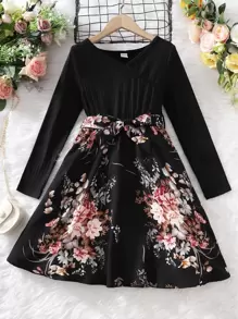 女孩印花繫腰帶連衣裙 - 黑色 - 查看 1