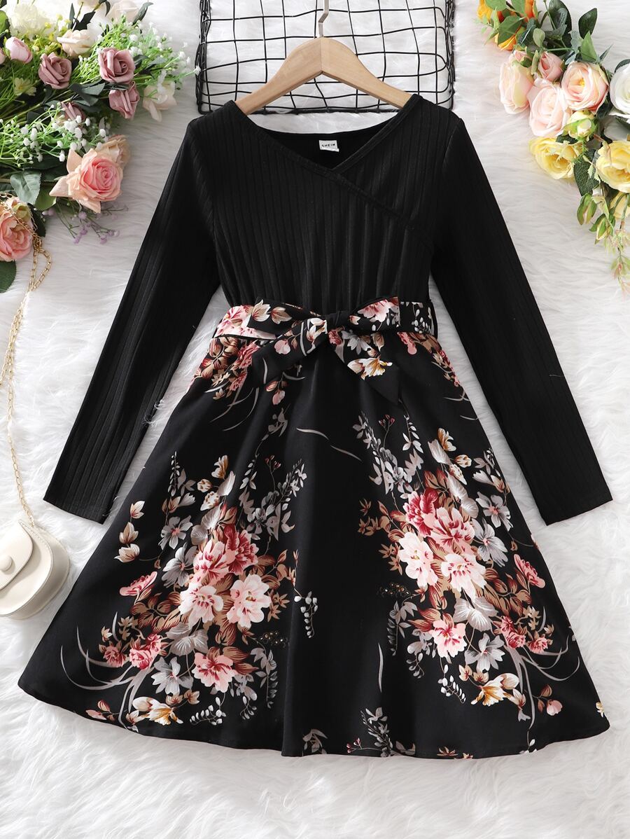 女孩印花繫腰帶連衣裙 - 黑色 - 查看 1